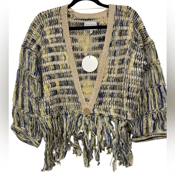 Hayden Sweaters - Hayden Los Angeles Women's Blue and Cream Fringe Boho Cardigan Sz M